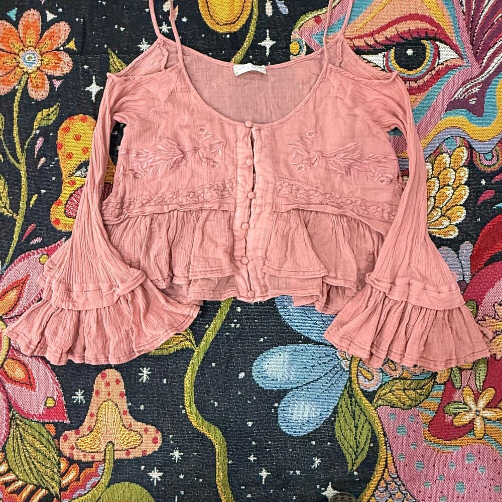 Free People Flare Sleeve Embroidered Peasant Top Fairy Grunge Shabby Chic Boho S